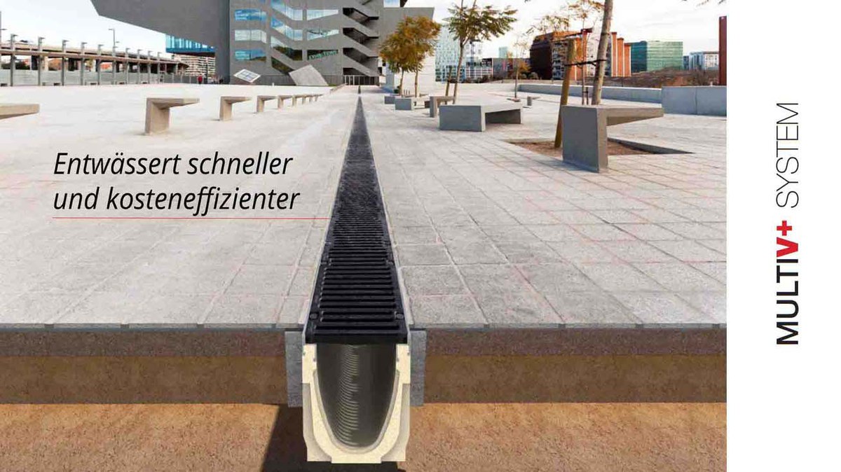 Entwässerungsrinne Multi V+ mit optimiertem V-Querschnitt Entwässerungsrinne Multi V+ mit optimiertem V-Querschnitt