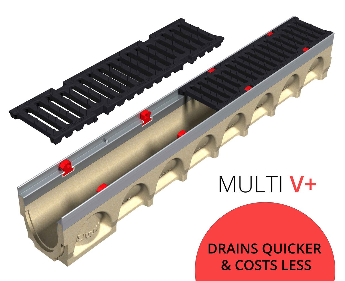 MultiV+ driveway channel drain: Drains faster and costs less MultiV+ driveway channel drain: Drains faster and costs less