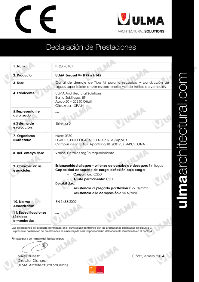 Declaration of performance - Euroself V+ H95 to H145 Series